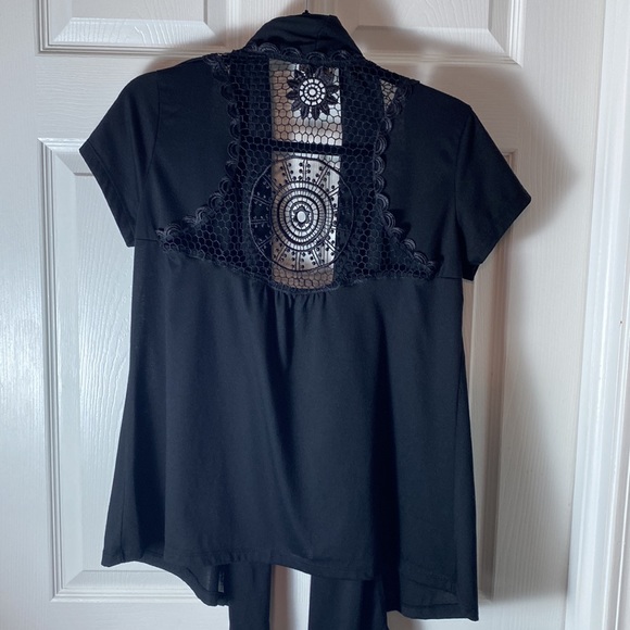 Ever Blue Open Front Cardigan Black Crochet   Design Coverup Short Sleeves - Picture 6 of 6